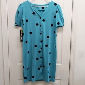 Vintage Lucky Barbara Shift Dress Button Front Size 13 Teal Polka Dot Retro 80s
